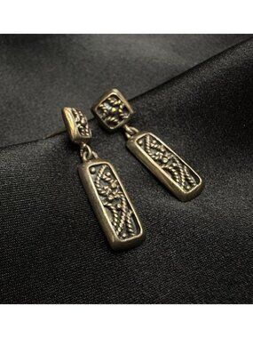 Vintage 925 Sterling Silver Rectangular Dangle Earrings With Floral Detailing